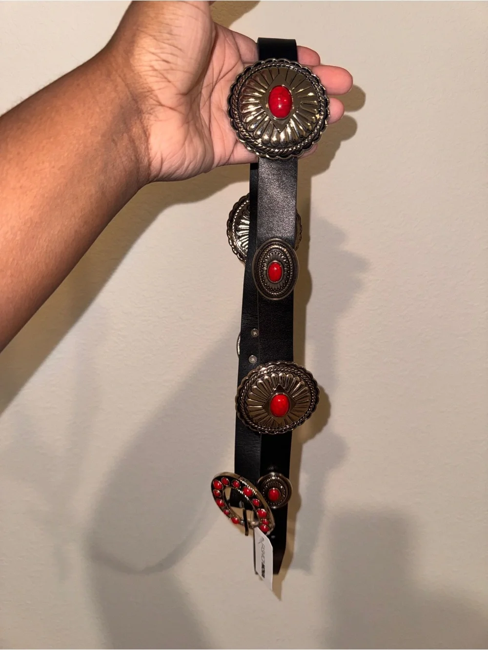 Fashion Nova Black Belt with Red Concho Accents
