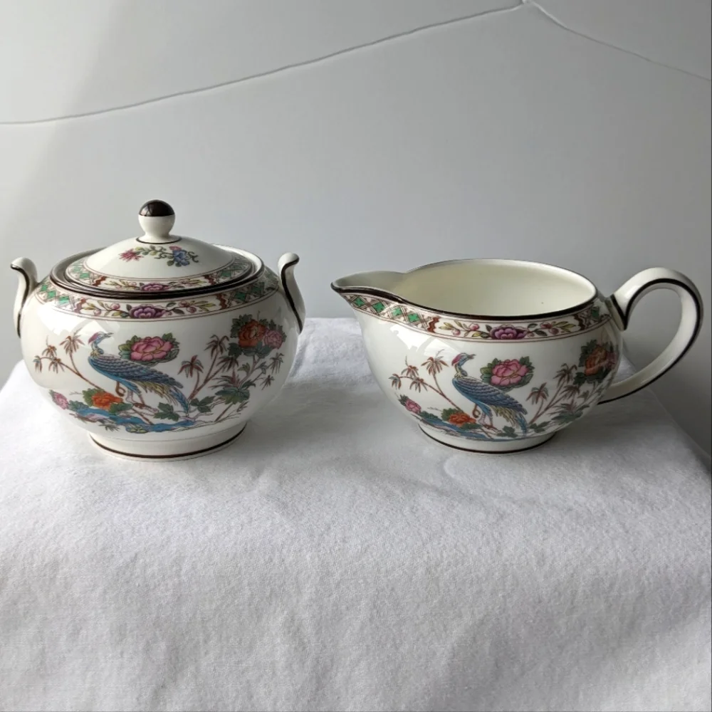 Vintage Wedgwood Kutani Crane Floral Bone China 149 Creamer and Sugar with Lid