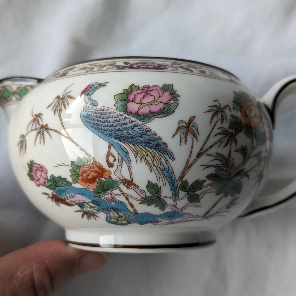 Vintage Wedgwood Kutani Crane Floral Bone China 149 Creamer and Sugar with Lid