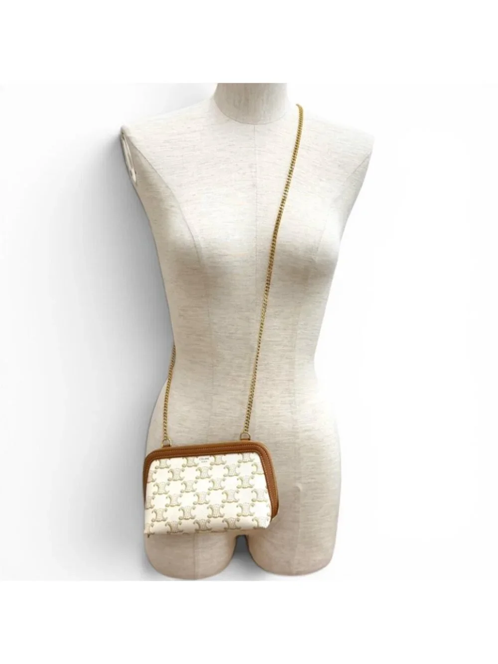 Celine Triomphe Canvas Logo Chain Clutch Shoulder Bag Off White Brown