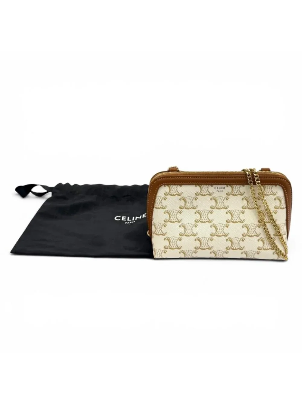 Celine Triomphe Canvas Logo Chain Clutch Shoulder Bag Off White Brown