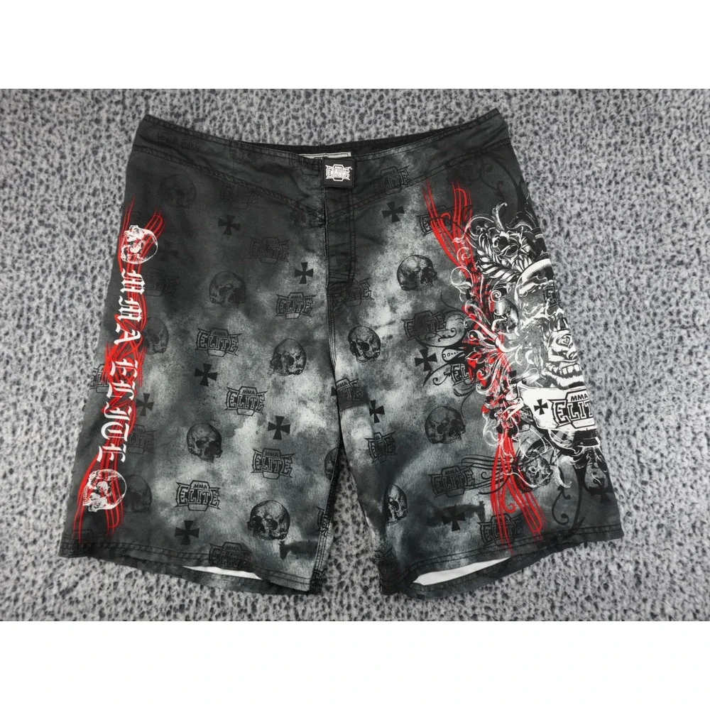 MMA‎ Elite Board Shorts Mens XL Grey Black Skull Graphic Y2K Good Cross Print