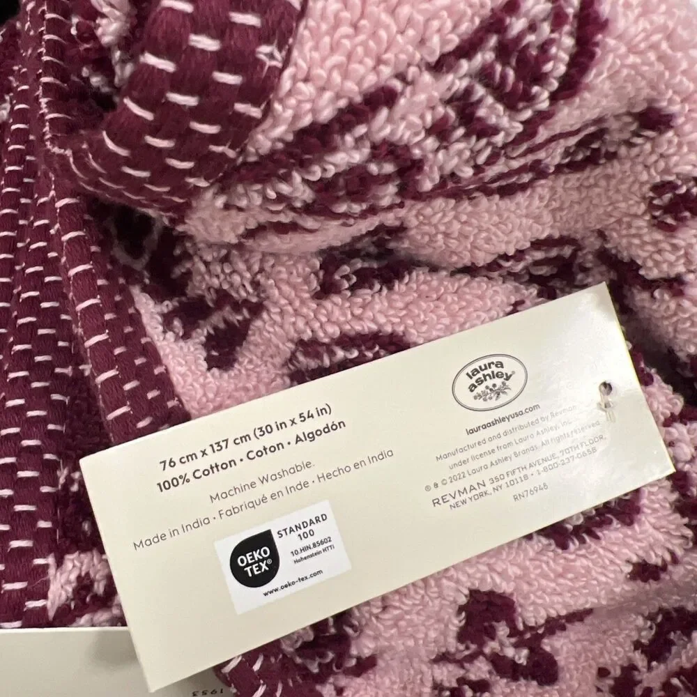 Laura Ashley Elaina Pink Floral Bath Towels Set of 2 Cotton New