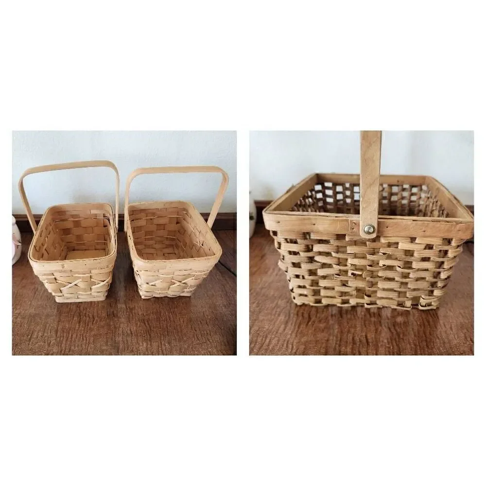 Wooden woven wicker carrying baskets bundle of 3 light brown tan storage organiz