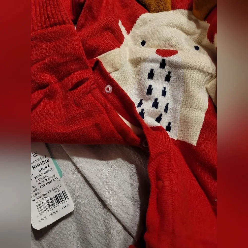 NWT HIGH END HEAVY WARM FLEECE LINED SWEATER  ROMPER ELK SANTA 3 TO 6 MONTHS