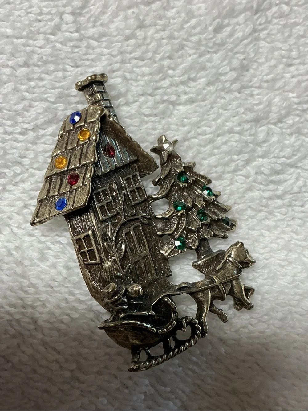 Vintage Silver-Tone Christmas Brooch with multi crystals