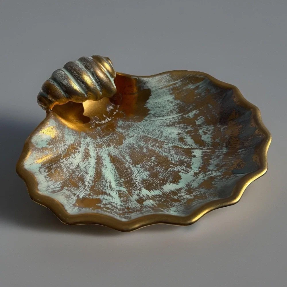 VTG Stangl Pottery #4013 Shell Dish Aqua Brown Gold Glaze MCM Trinket  Soap