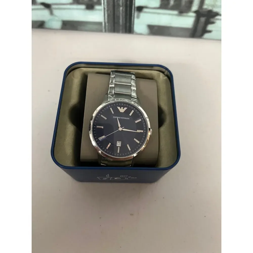 Emporio Armani AR-2477 Men's Watch Navy Blue Dial Rose Gold Silver Steel New