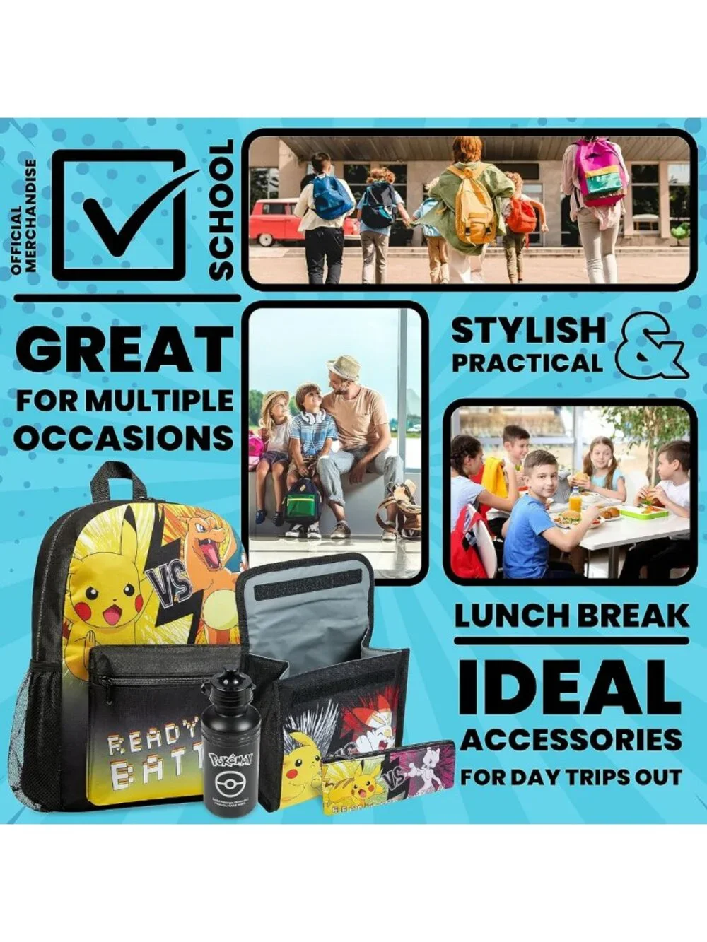 Kids Anime Backpack Set - 4 Pcs with Water Bottle, Pencil Case & Lunch Bag