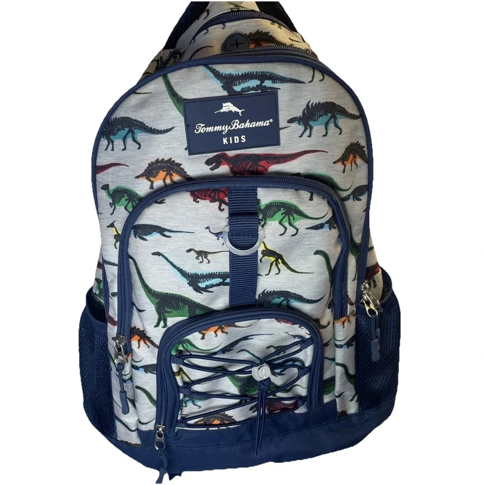 Tommy Bahama Kids Backpack Bag Navy Blue/Grey Colorful Dinosaurs 4 Zip‎ Pockets