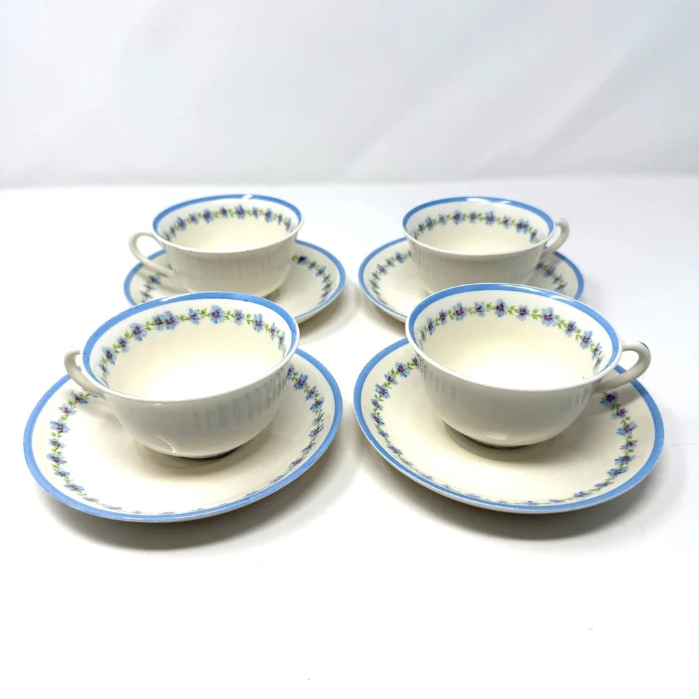 Canonsburg Pottery Co. Bonnie Blue Teacups and‎ Saucers Blue Floral Set of 4 VTG