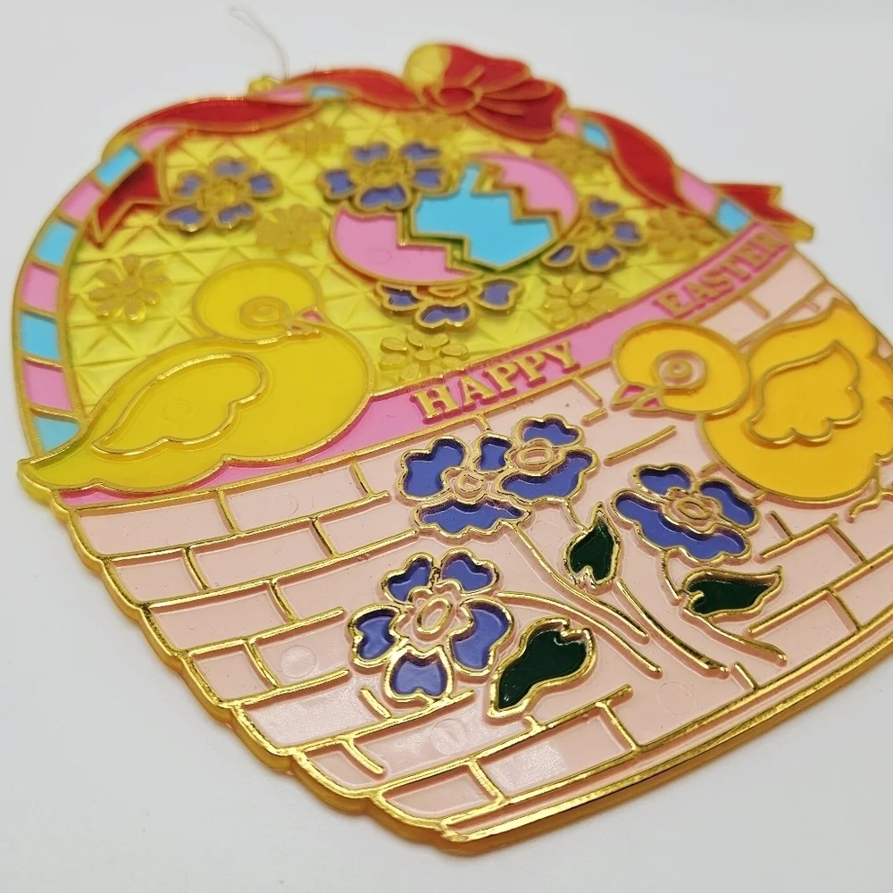 VINTAGE Plastic Stained Glass Style Sun Catcher Happy Easter Basket Decoration