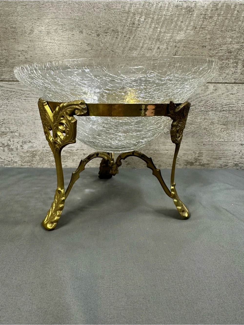 Vintage Crackle Glass Bowl with Ornate Brass Tripod Stand Centerpiece