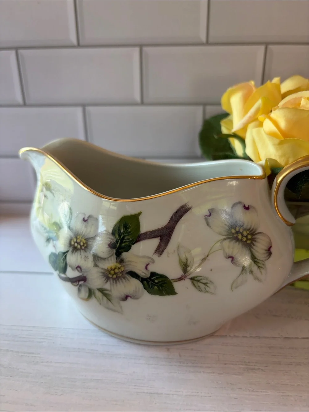 Hand-Painted Floral Porcelain Pitcher with Gold Rim