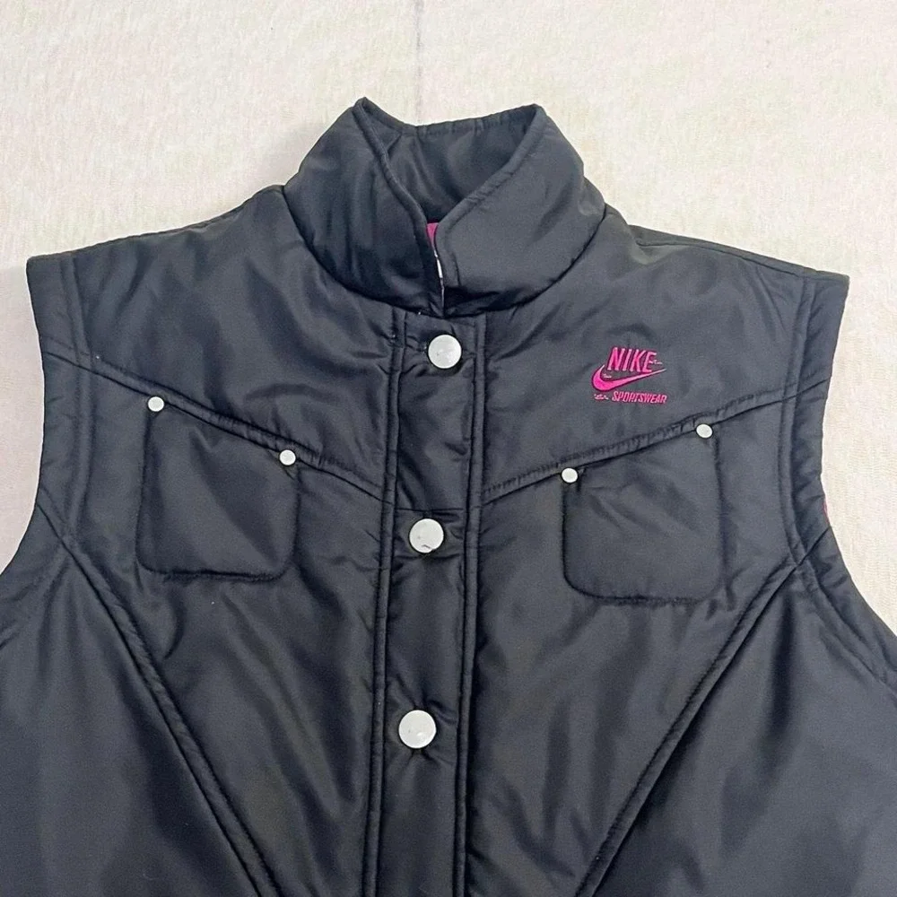 Nike Sportswear Puffer Vest Black‎ Pink Lined Snap Front Women's Size M