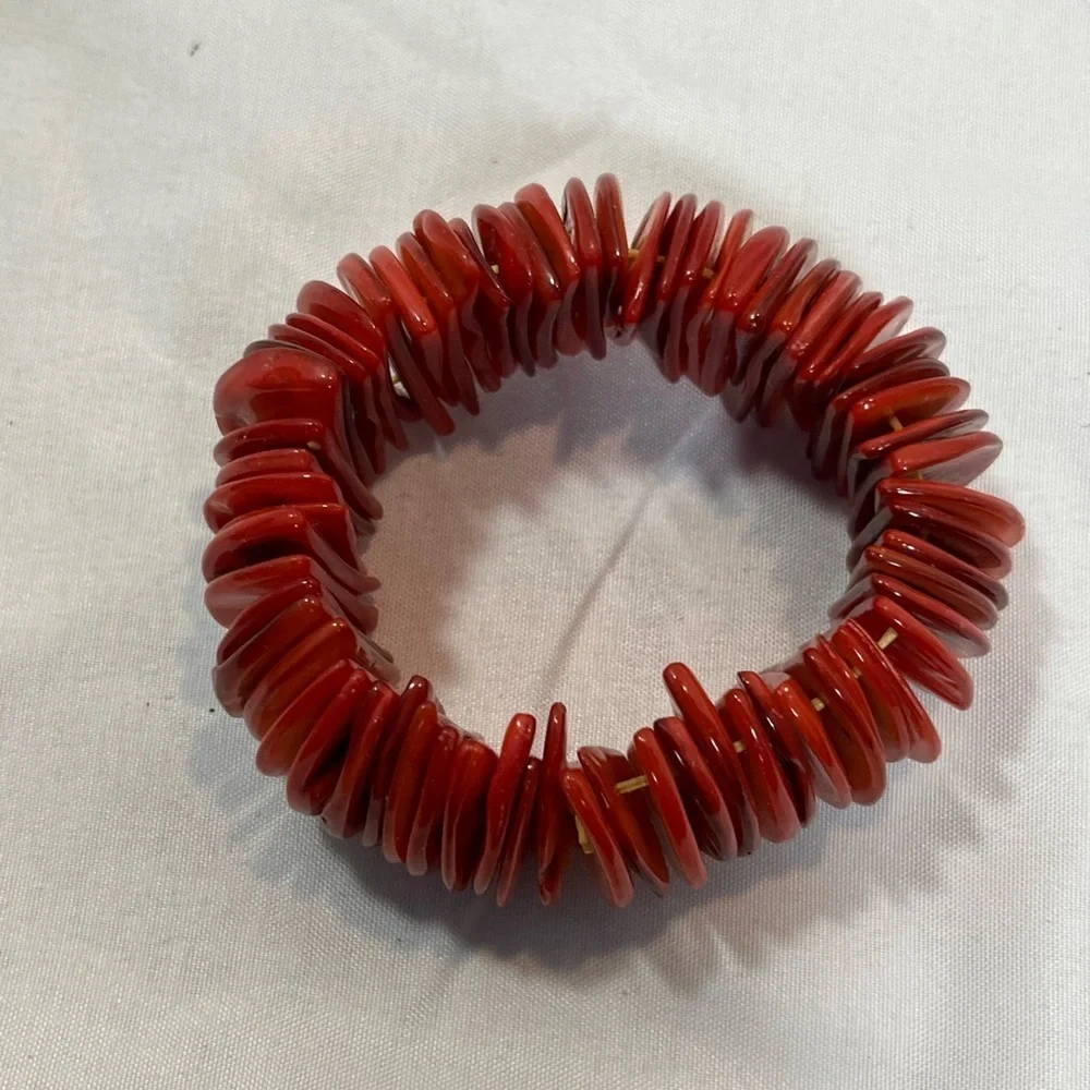 Vintage Red Lacquered Abalone Shell Disc Bracelet