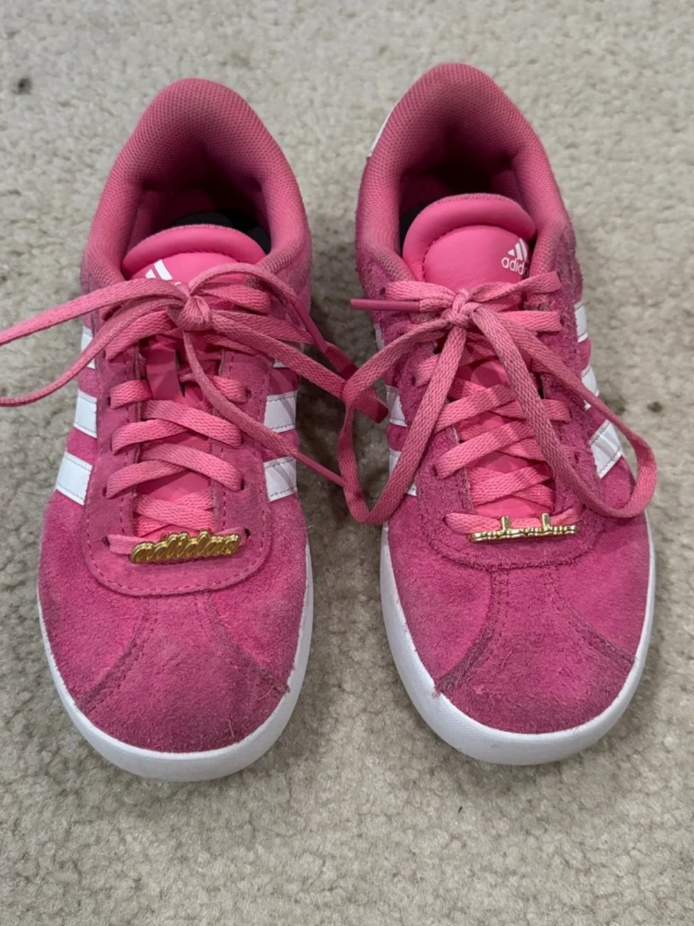 adidas Kids Pink Suede Sneakers with White Stripes
