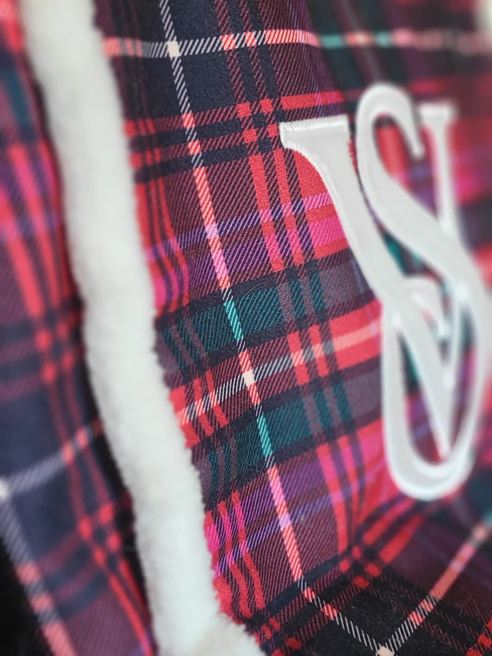 Victoria's Secret Pink and Black Plaid Tote with White Fuzzy Monogram