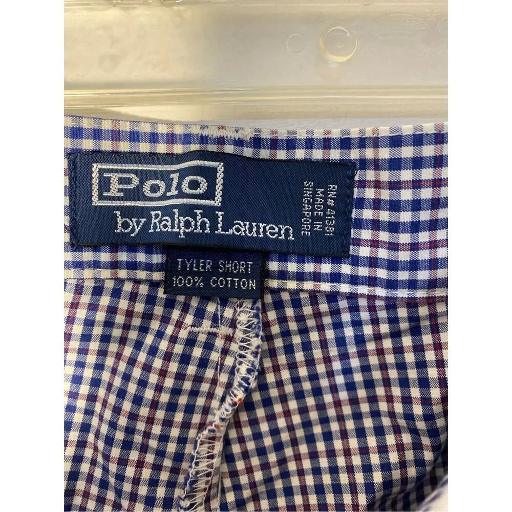 Polo by Ralph Lauren, men’s blue and burgundy gingham pleated golf shorts 38