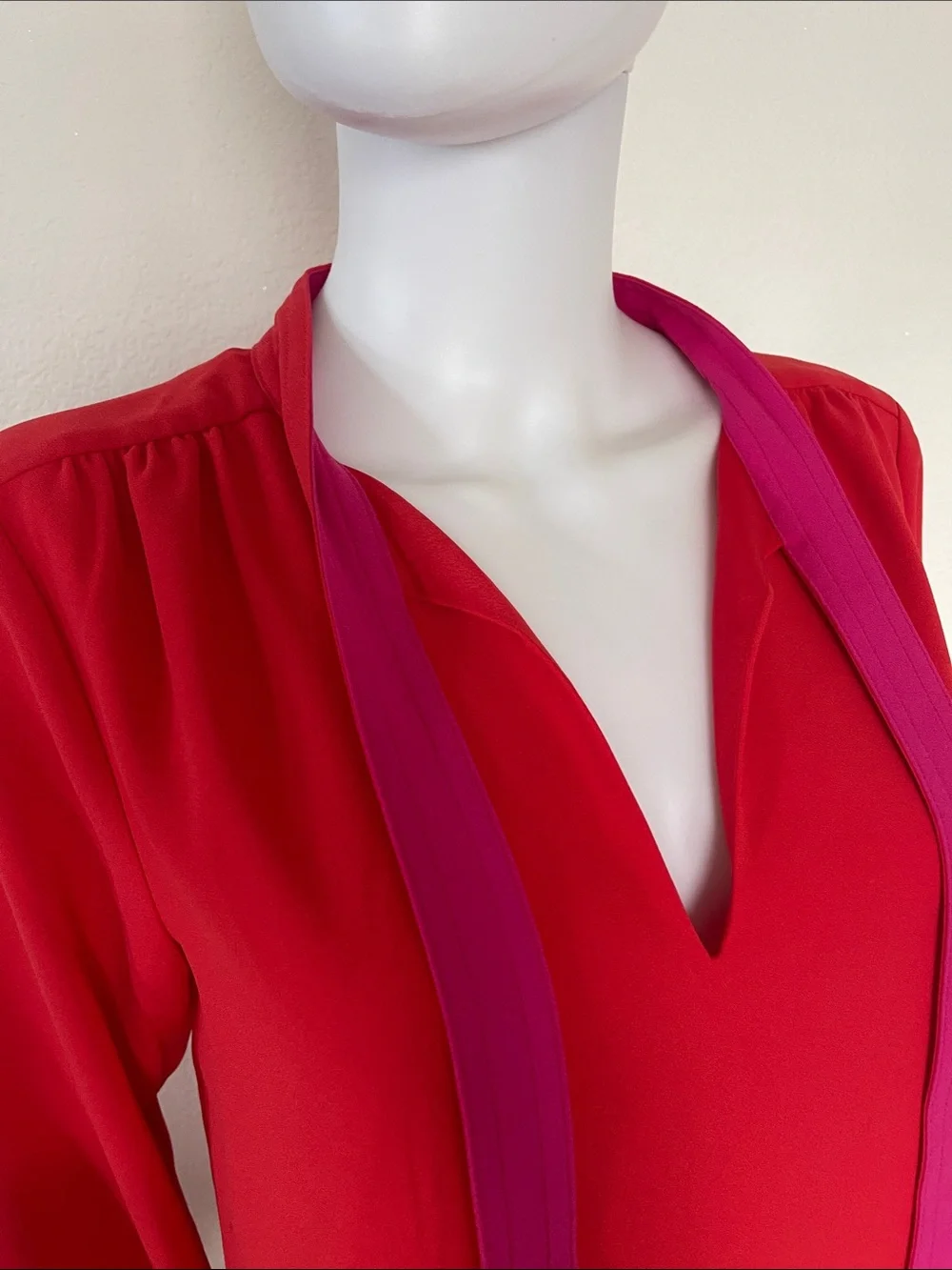 J. Crew Red Long-Sleeve Tie-Neck Shift Dress with Pink Ties