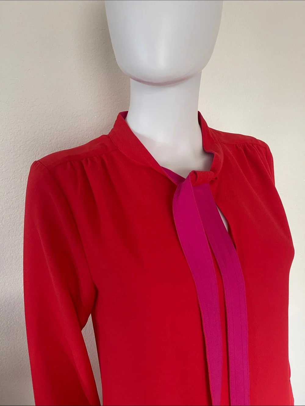 J. Crew Red Long-Sleeve Tie-Neck Shift Dress with Pink Ties