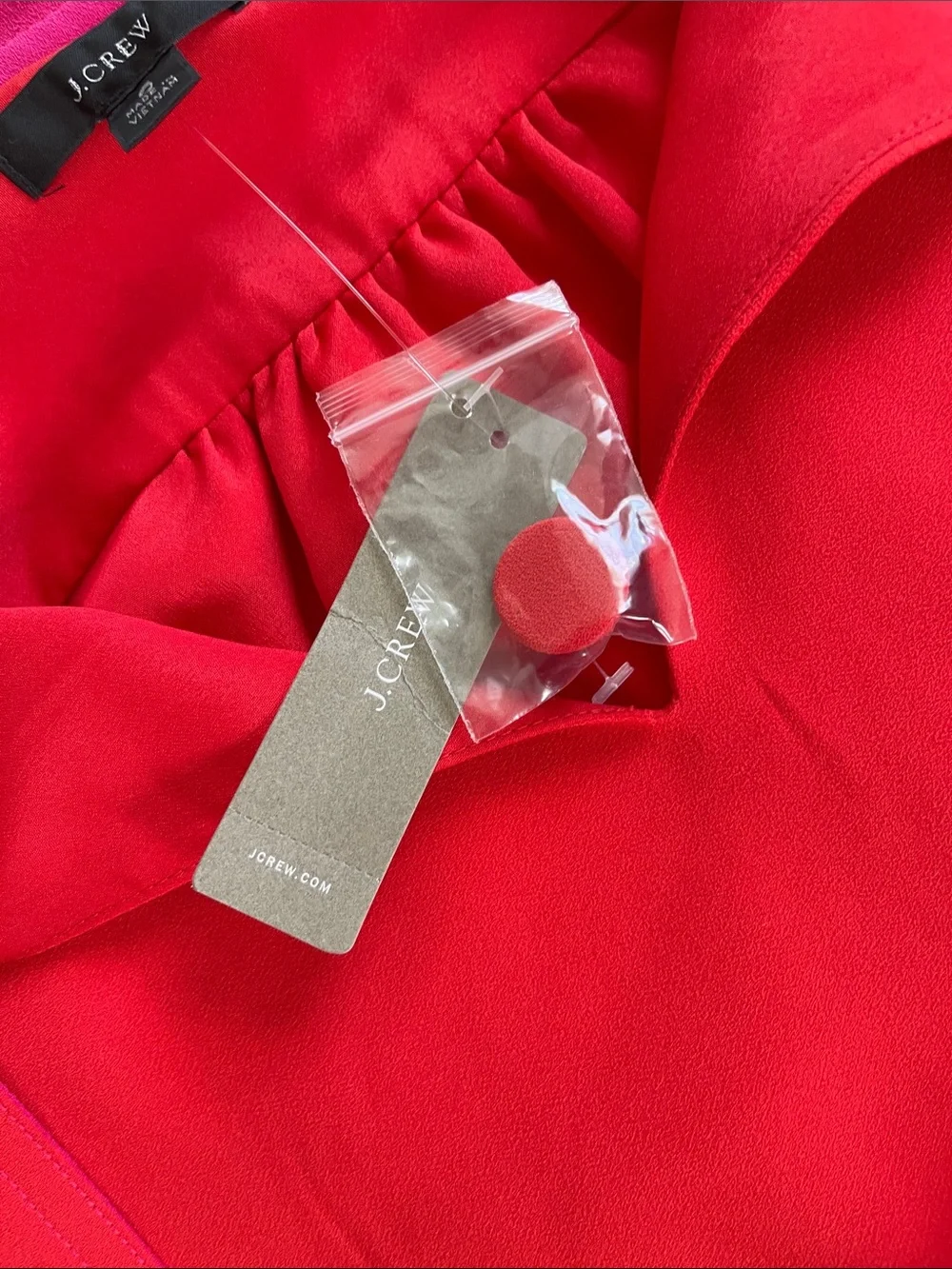 J. Crew Red Long-Sleeve Tie-Neck Shift Dress with Pink Ties