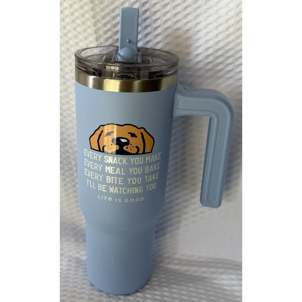 Life Is Good 30oz Blue Dog Travel Mug Tumbler w/ Handle Drink-Through Lid Straw