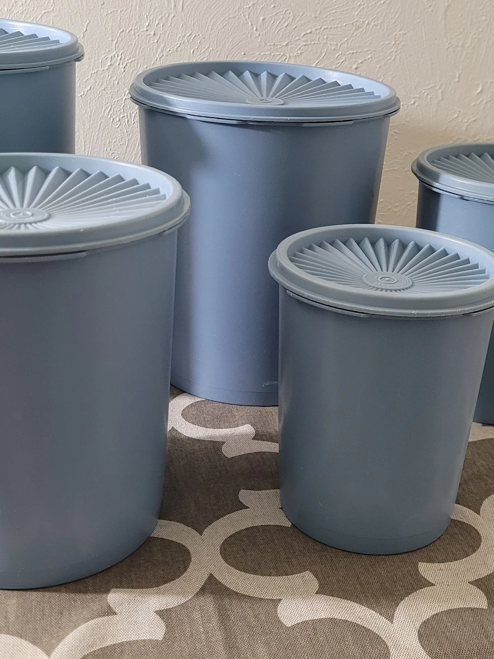 5 Piece Vintage Country Blue Tupperware Storage Canisters.