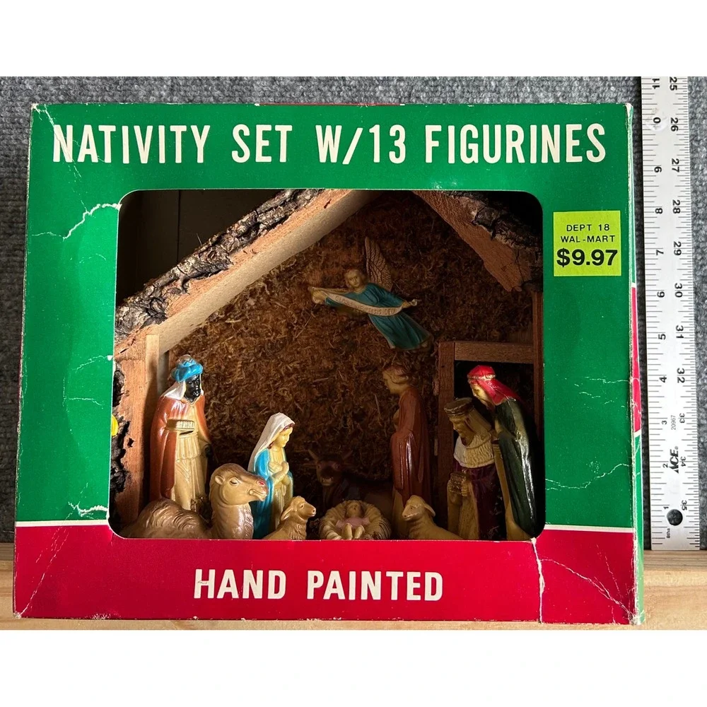 Vintage Holiday Trim Nativity Set 13 Hand Painted Figurines Wooden Stable Box