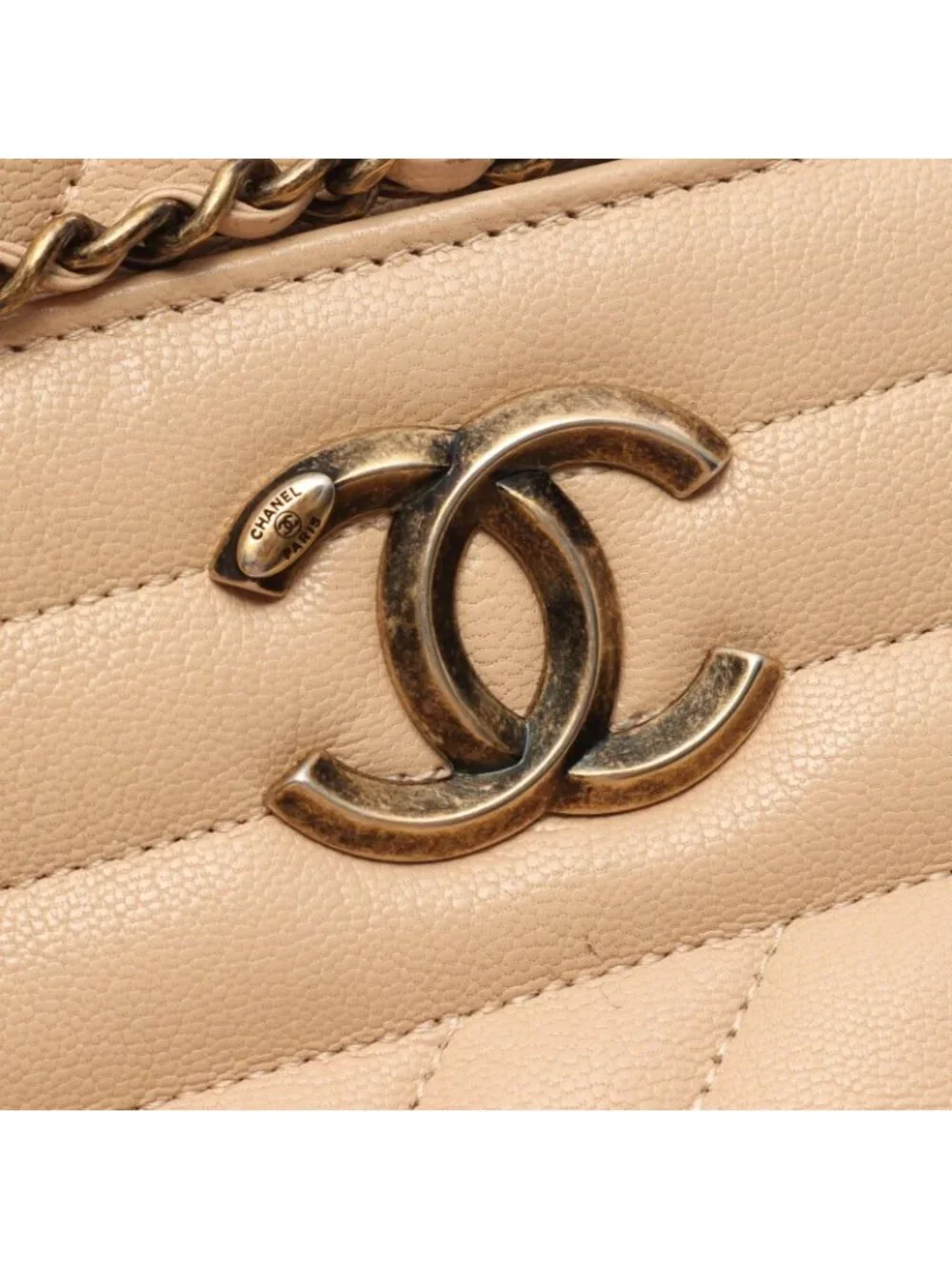 Chanel Shoulder Bag Bias Stitch Antique Gold Beige Leather Chain