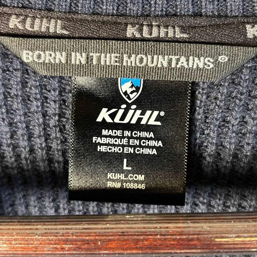 Kuhl Evader Sweater Mens Size L Navy Blue Merino Wool Crewneck Pullover **Hole