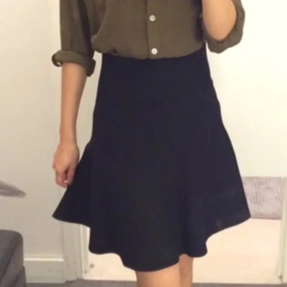 Ann Taylor Black Stretch Knit Pleat A Line Knee Length Skirt XS Classic Minimal