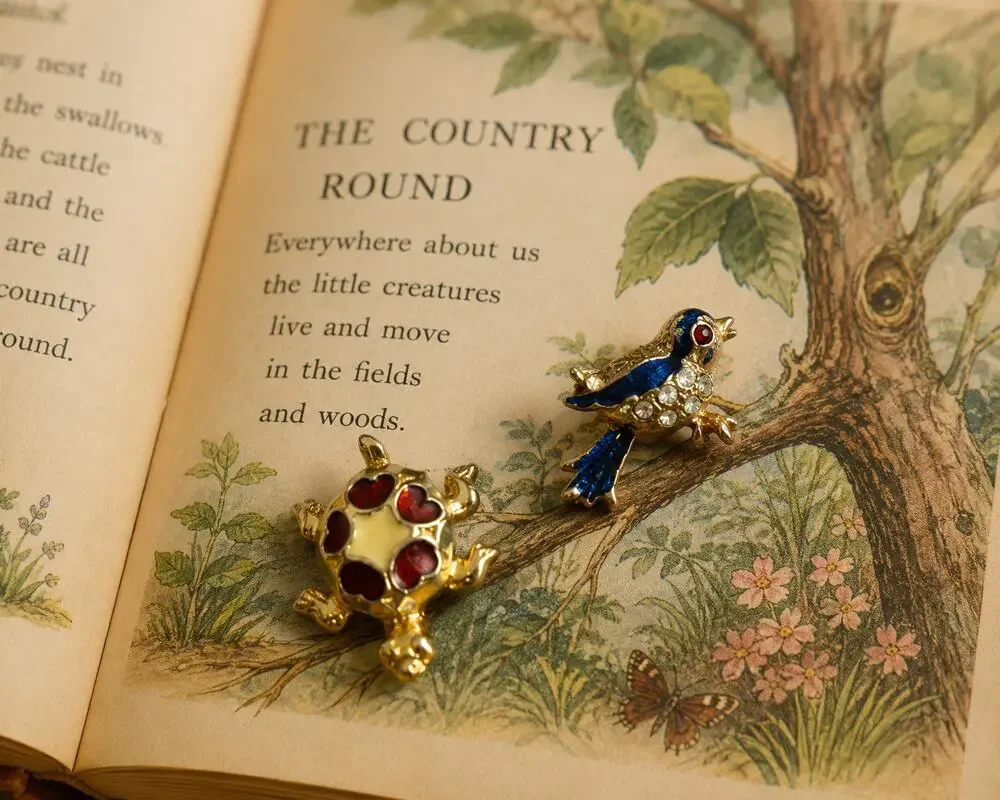 Vintage Mini Turtle Bird Brooch Bundle Gold Tone Enamel Rhinestone Pins