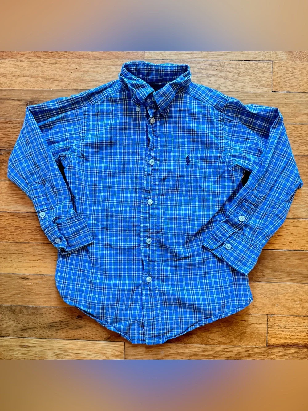 Ralph Lauren Button Collared Long Sleeve Kids size 4 Blue‎ Plaid
