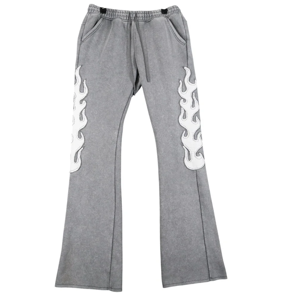 Copper Rivet Sweatpants Mens XL Flame Applique Acid Wash Grey Flared Streetwear