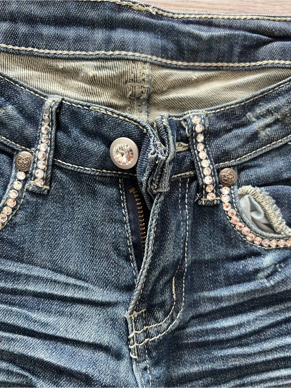 A7 Swarovski Crystal Distressed Jeans Size 1 | Rhinestone Hem | Low Rise