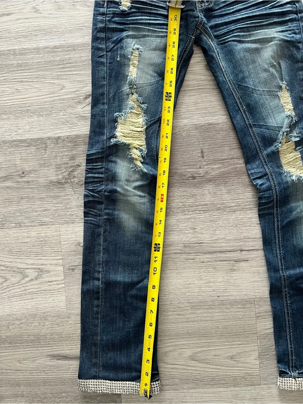 A7 Swarovski Crystal Distressed Jeans Size 1 | Rhinestone Hem | Low Rise
