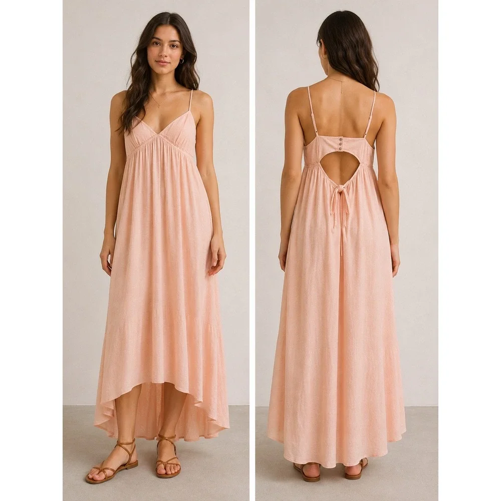 Free‎ People Beach Peach Organic Cotton Linen Maxi Dress High-Low Size S Coastal