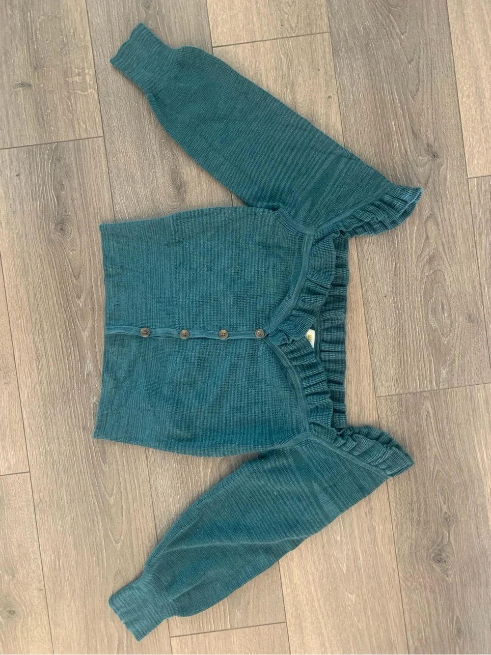 Maeve Anthropologie Dark Teal Ruffled Sweetheart Long Sleeve Button Sweater Top