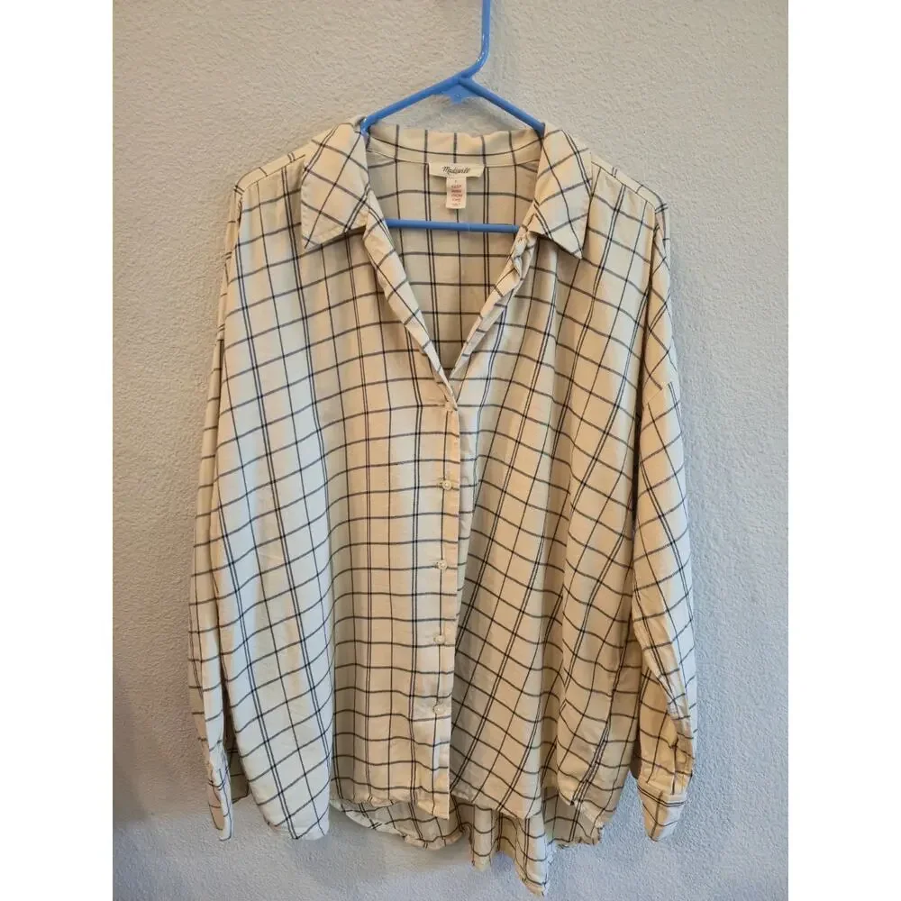 Madewell Women's 2 Piece Plaid Flannel Beige Windowpane Check Pajama Set Size L
