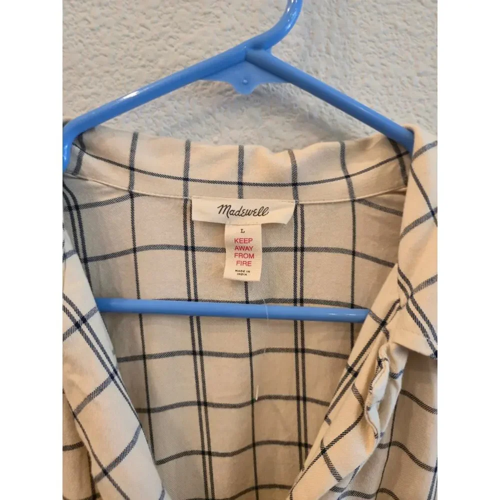 Madewell Women's 2 Piece Plaid Flannel Beige Windowpane Check Pajama Set Size L