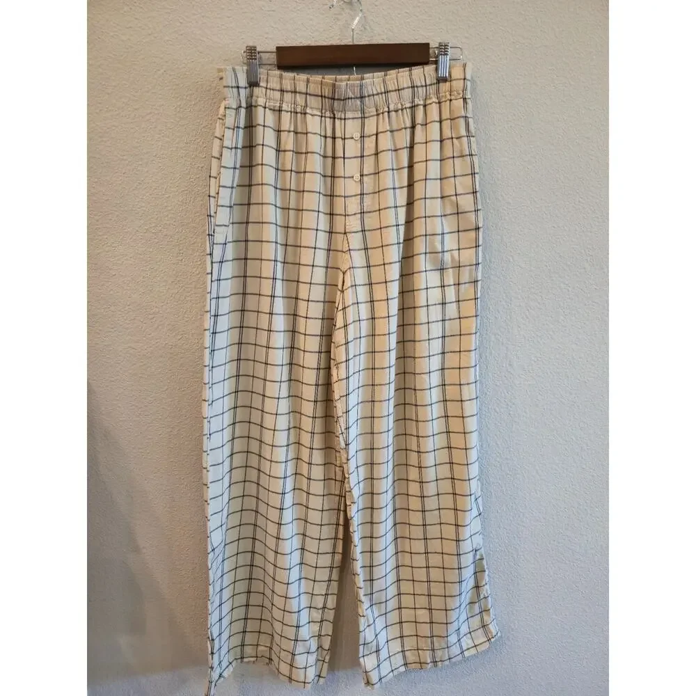 Madewell Women's 2 Piece Plaid Flannel Beige Windowpane Check Pajama Set Size L