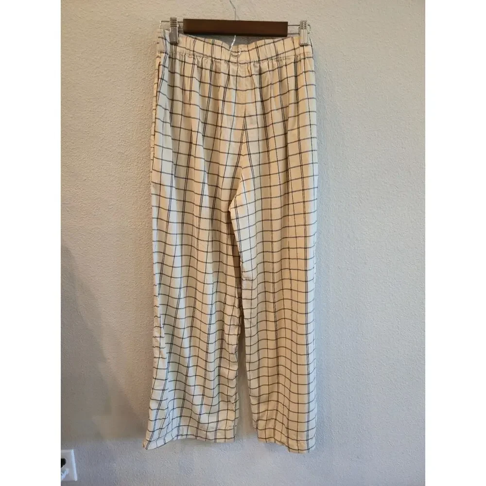 Madewell Women's 2 Piece Plaid Flannel Beige Windowpane Check Pajama Set Size L