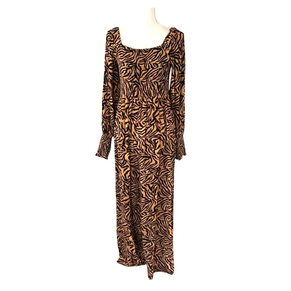 Kachel Tiger-Striped Jumpsuit Anthropologie 8 Zebra Print Wide Leg Smocked Chic