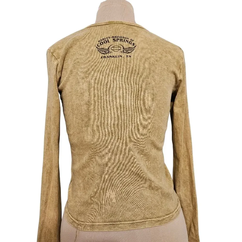Harley-Davidson Long Sleeve V Neck Top Medium Eagle‎ Graphic Bikercore Acid Wash