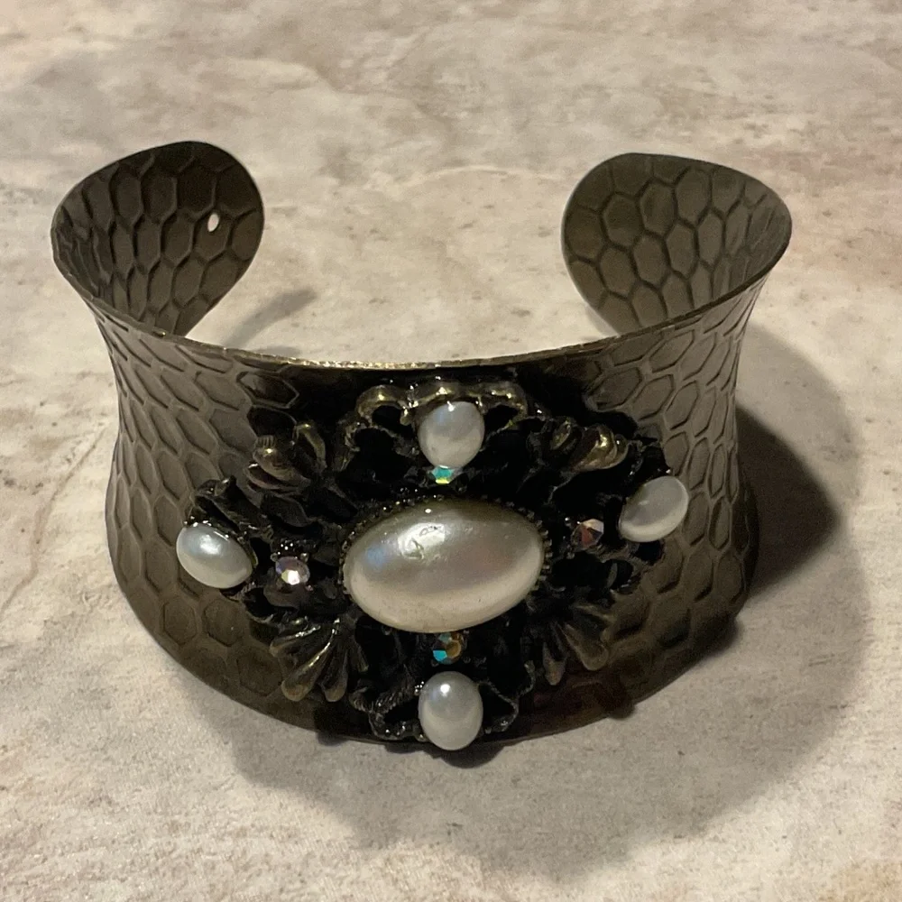 Hammered Cuff Bracelet Faux Pearl Rhinestone Design 3” across 2” wide