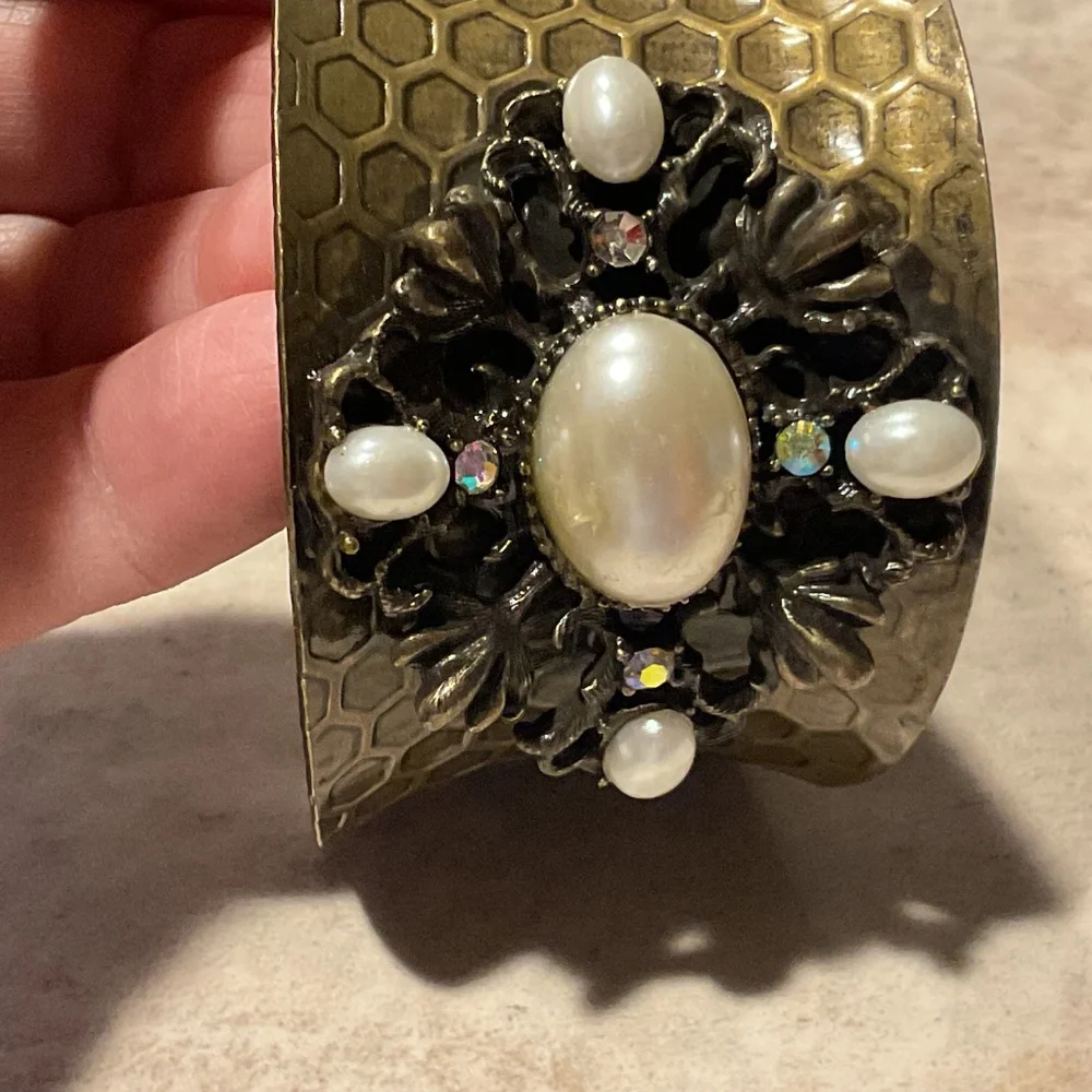 Hammered Cuff Bracelet Faux Pearl Rhinestone Design 3” across 2” wide