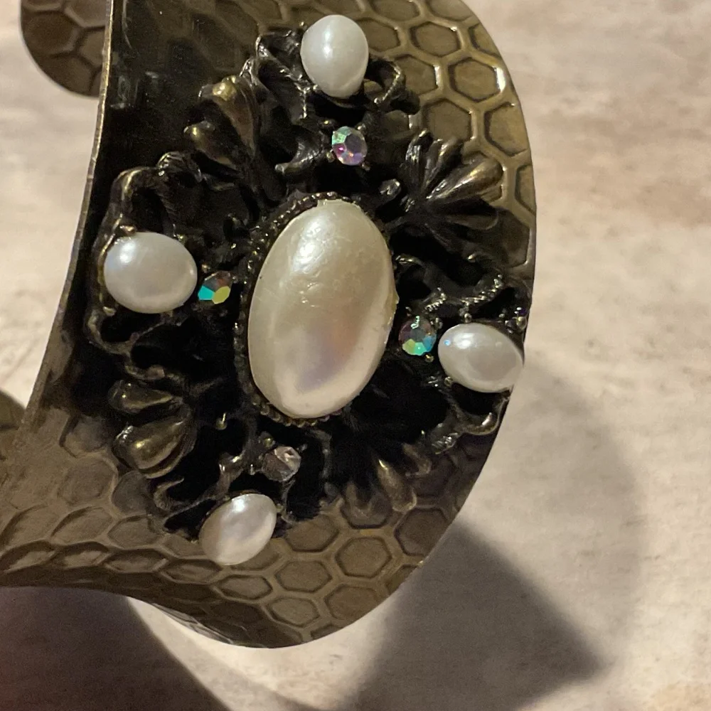 Hammered Cuff Bracelet Faux Pearl Rhinestone Design 3” across 2” wide