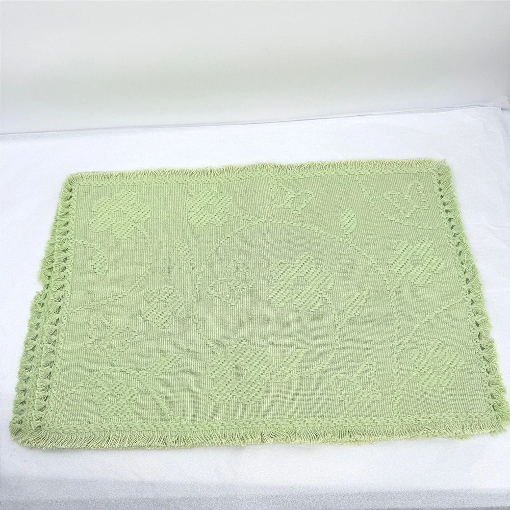 Placemats Set of 2 Spring Green Woven Floral Butterfly Fringe Vintage Cottage