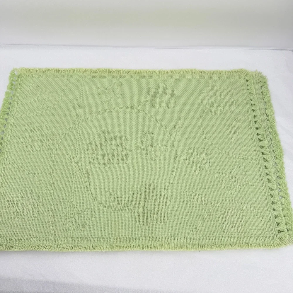 Placemats Set of 2 Spring Green Woven Floral Butterfly Fringe Vintage Cottage